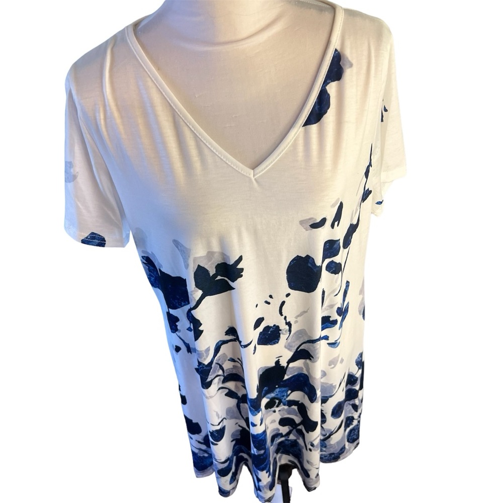 White dress short sleeve blue print knee length. Modest and casual for summer.